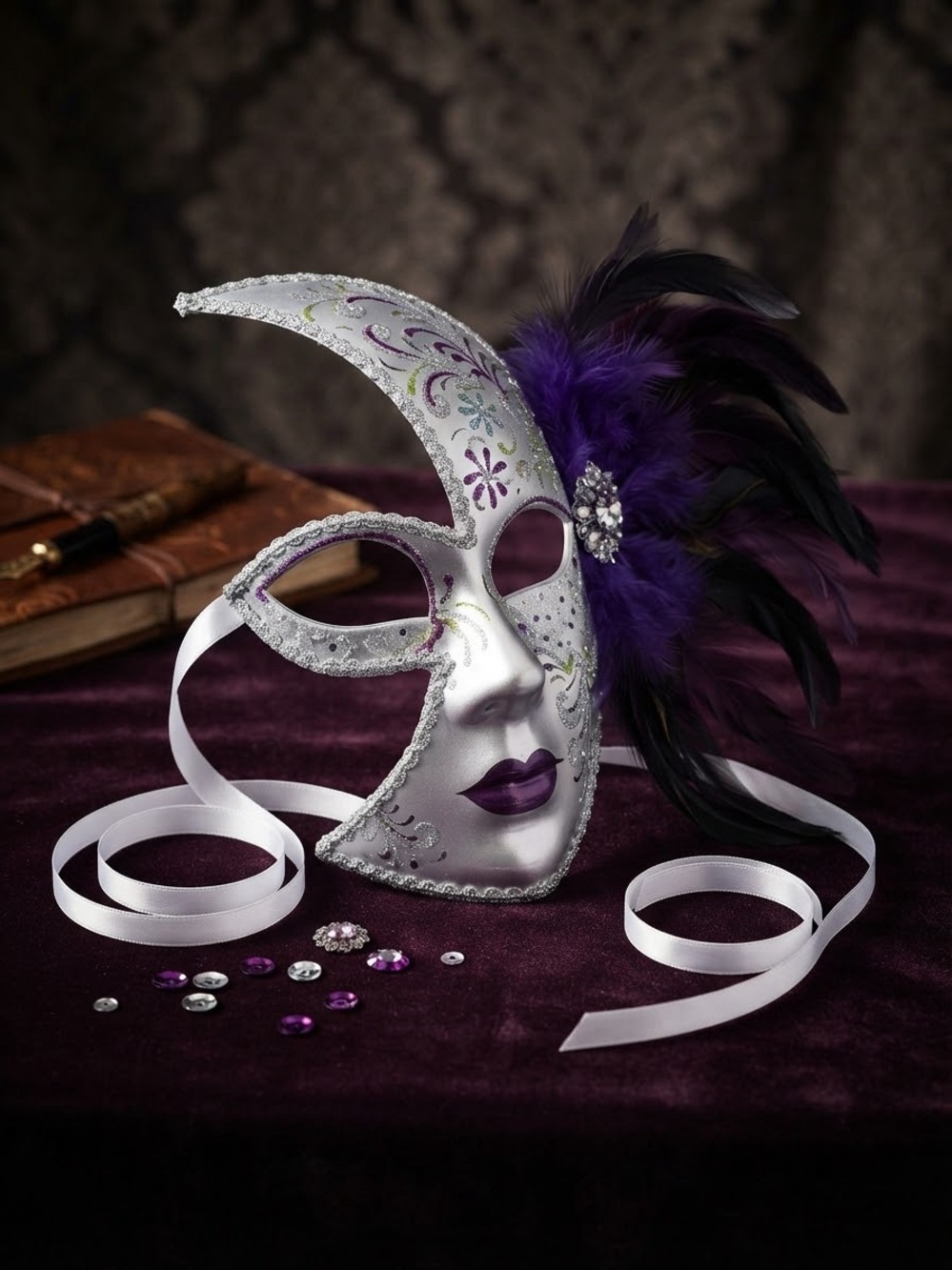 Venetian Masquerade Mask Purple Silver Glitter Feather Costume Mardi Gras